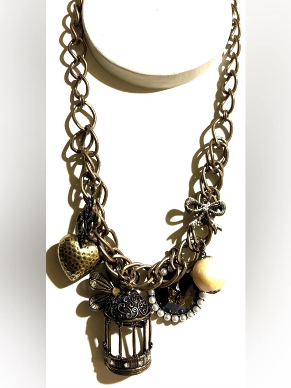 Chunky Gold-Tone Charm Necklace with Pearly & antique Accents